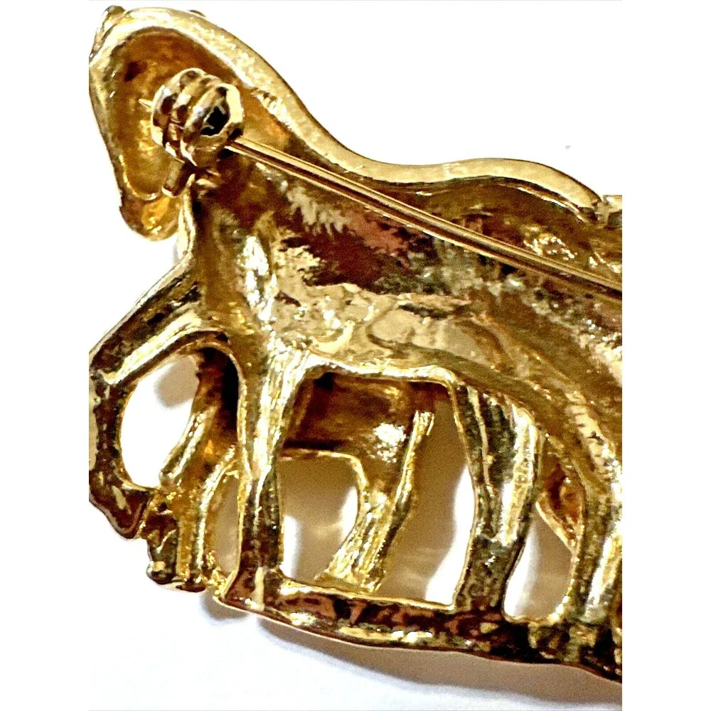 Vintage Horse Family Brooch Glossy Gold Tone Equestrian Statement Pin 2 1/2